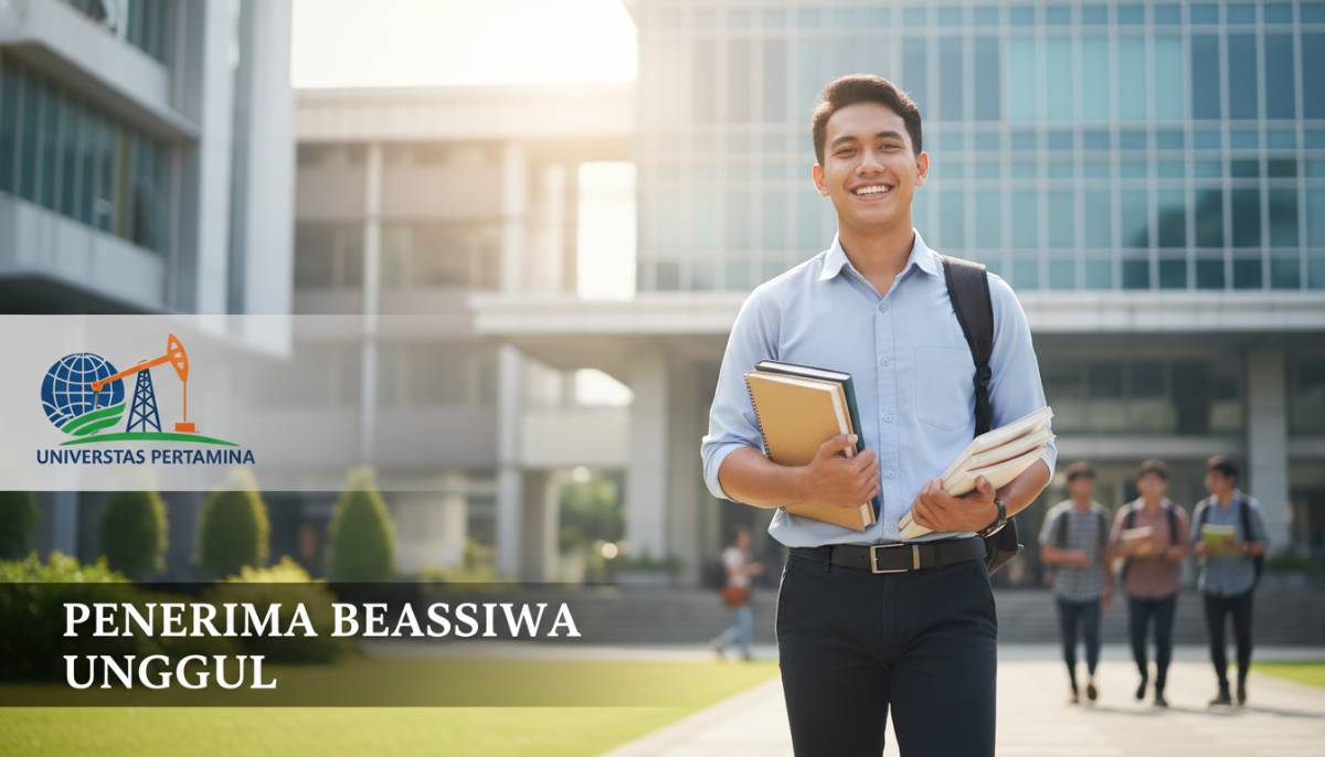 Mahasiswa berprestasi tersenyum membawa buku sebagai ilustrasi penerima beasiswa universitas pertamina di lingkungan kampus.